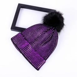 Kinky Cloth Mink Fox Fur Ball Shiny Knitted Beanies Hats
