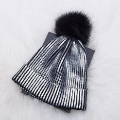 Kinky Cloth Mink Fox Fur Ball Shiny Knitted Beanies Hats