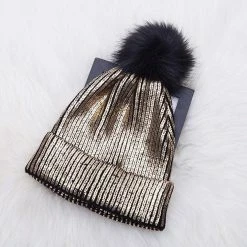 Kinky Cloth Mink Fox Fur Ball Shiny Knitted Beanies Hats