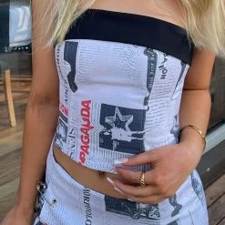 Kinky Cloth Newspaper Print Tube Top Skirt Set Top & Tees