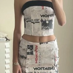 Kinky Cloth Newspaper Print Tube Top Skirt Set Top & Tees