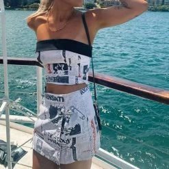 Kinky Cloth Newspaper Print Tube Top Skirt Set Top & Tees