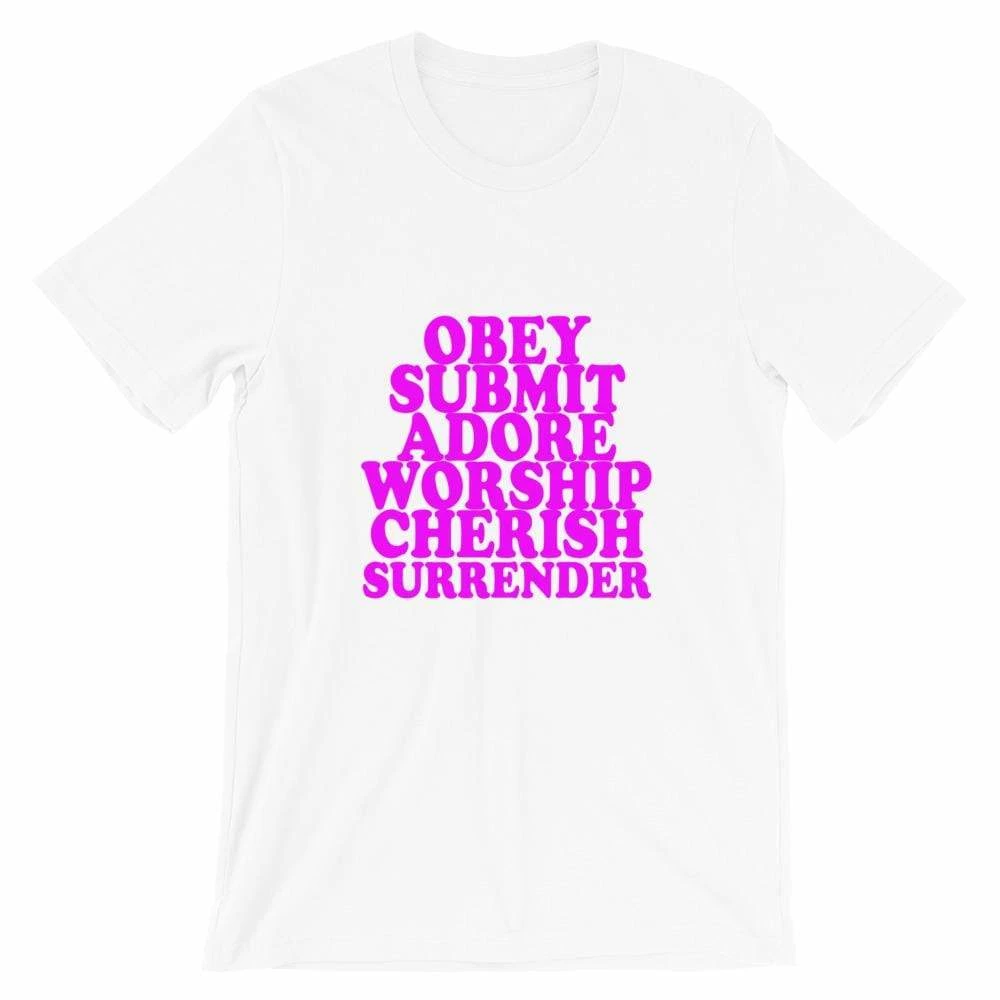 Kinky Cloth BDSM Obey, Submit, Adore, Worship, Cherish, Surrender Unisex T-Shirt 2 Kinky Cloth BDSM Obey, Submit, Adore, Worship, Cherish, Surrender Unisex T-Shirt