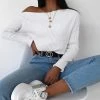 Kinky Cloth Off Shoulder Solid Ribbed Loose Sweater Top & Tees