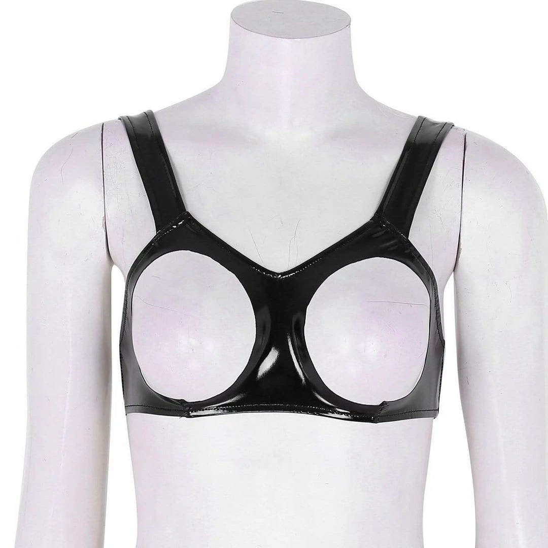 Kinky Cloth Top & Tees Open Breast Leather Bustier Top 3 Kinky Cloth Top & Tees Open Breast Leather Bustier Top