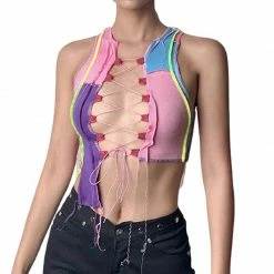 Kinky Cloth Patchwork Asymmetrical Lace Up Crop Top