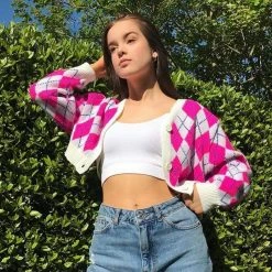 Kinky Cloth Pink Argyle Check Buttons Cardigan