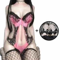 Kinky Cloth Pink Black Floral Lace Lingerie Set Lingerie & Panties