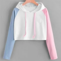 Kinky Cloth Pink Blue Sleeve Crop Top Hoodie