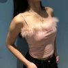 Kinky Cloth Pink Fluffy Trim Spaghetti Strap Top Top & Tees