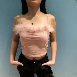 Kinky Cloth Pink Fluffy Trim Spaghetti Strap Top Top & Tees