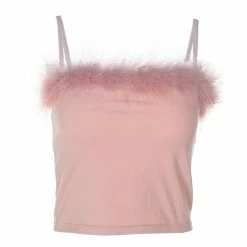 Kinky Cloth Pink Fluffy Trim Spaghetti Strap Top Top & Tees