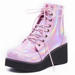 Kinky Cloth Goth Pink Holographic Leather Boots