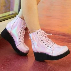 Kinky Cloth Goth Pink Holographic Leather Boots