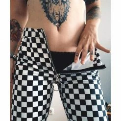 Kinky Cloth Black And White Zipper Checkered Pants