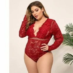 Kinky Cloth Onesies & Bodysuits Plus Size Deep-V Lace Long Bodysuit