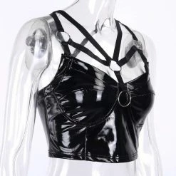 Kinky Cloth Goth Leather Ring Camis Crop Tank Top
