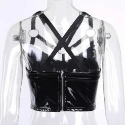 Kinky Cloth Goth Leather Ring Camis Crop Tank Top