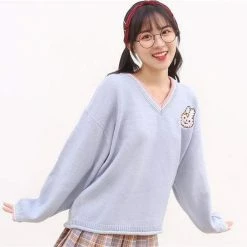 Kinky Cloth Rabbit Embroidery V-neck Blue Sweater Kawaii