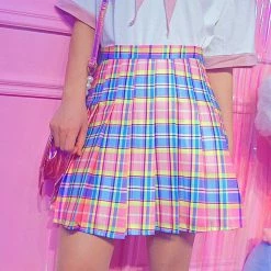 Kinky Cloth Rainbow Plaid Pleated Skirt Kawaii