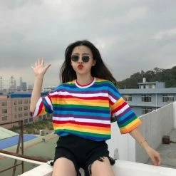 Kinky Cloth Rainbow Striped Quarter Sleeve Top
