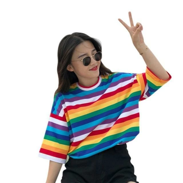 Kinky Cloth Rainbow Striped Quarter Sleeve Top 2 Kinky Cloth Rainbow Striped Quarter Sleeve Top
