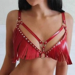 Kinky Cloth Red Leather Fringe Harness Bra