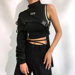 Kinky Cloth Top & Tees Reflective One Shoulder Buckle Top
