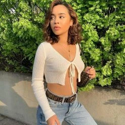 Kinky Cloth Rib-Knit Lace Up Crop Top