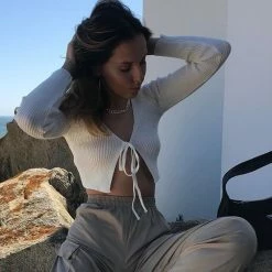 Kinky Cloth Rib-Knit Lace Up Crop Top