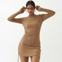 Kinky Cloth Ribbed Drawstring Turtleneck Dress Dresses