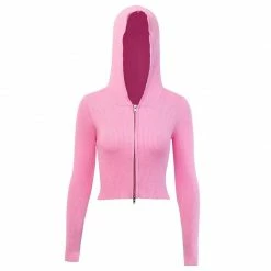 Kinky Cloth Ribbed Knitted Hooded Crop Sweatshirt Top & Tees