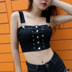 Kinky Cloth Metal Button Strappy Black Top