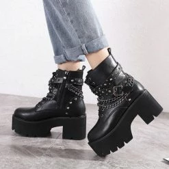 Kinky Cloth Goth Rivets Chain Ankle Platform Boots