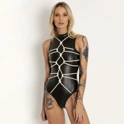 Kinky Cloth Goth Rope Bandage Leather Bodysuit