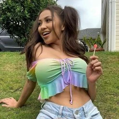 Kinky Cloth Top & Tees Ruched Bust Frill Hem Cropped Top