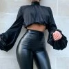 Kinky Cloth Satin Long Puff Sleeve Elastic Waist Top