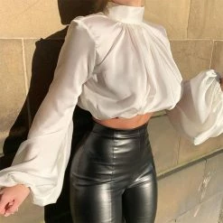 Kinky Cloth Satin Long Puff Sleeve Elastic Waist Top