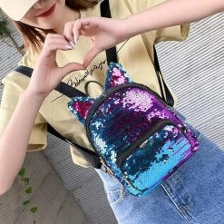 Kinky Cloth Sequins Cat Ear Travel Backpacks