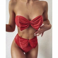 Kinky Cloth Shiny Bow Front Bandeau Bikini Swimsuit