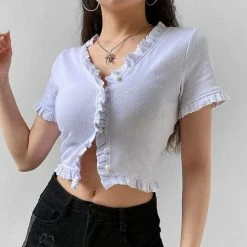 Kinky Cloth Top & Tees Short White Ruffle Cardigan