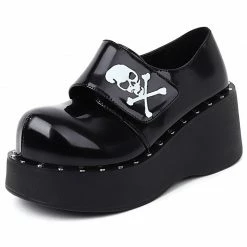 Kinky Cloth Goth Skull Hook Loop Platform Shoes