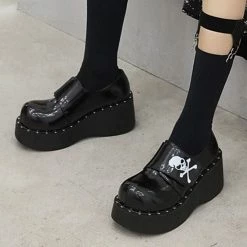 Kinky Cloth Goth Skull Hook Loop Platform Shoes
