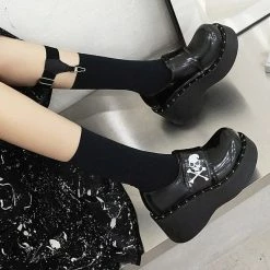 Kinky Cloth Goth Skull Hook Loop Platform Shoes