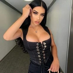 Kinky Cloth Top & Tees Slim Lace-up Denim Tank Crop Top