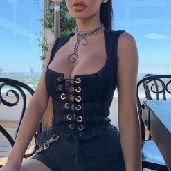 Kinky Cloth Top & Tees Slim Lace-up Denim Tank Crop Top