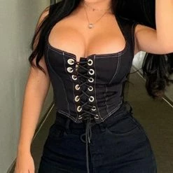 Kinky Cloth Top & Tees Slim Lace-up Denim Tank Crop Top