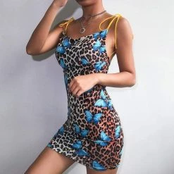 Kinky Cloth Spaghetti Strap Butterfly Leopard Dress