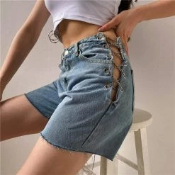 Kinky Cloth Skirts Split Metal Chain Denim Shorts