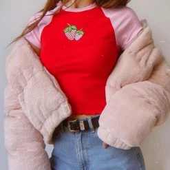 Kinky Cloth Top & Tees Strawberry Embroidered Crop Shirt